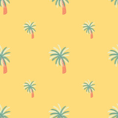 Fototapeta na wymiar Summer seamless minimalistic pattern with blue colored palm trees print. Yellow background. Doodle style.