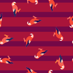 Seamless random pattern with doodle orange bright ara parrot ornament. Pink striped background.