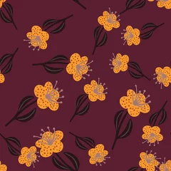 Fototapeten Random seamless pattern with orange creative flower ornament. Purple vine background. Doodle style. © Lidok_L