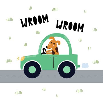 Wroom wroom print with cute dog driving the blue car. Funny background in cartoon style for kids. Little adventure with animal on the road for nursery design. Vector illustration