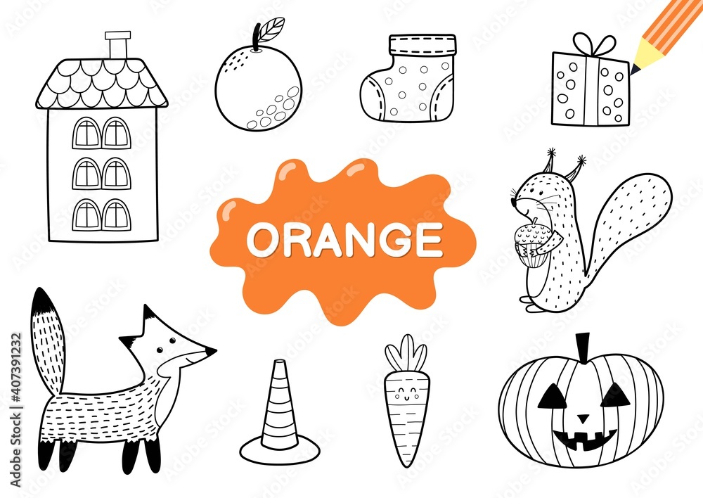 Wall mural Color the elements in orange. Coloring page for kids. Educational material for school and preschool. Vector illustration 