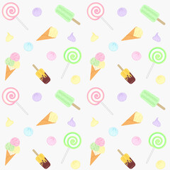 Fototapeta na wymiar Colorful ice cream cone, popsicle, lollipops and meringues on a light grey background. Summer food and dessert. Vector seamless pattern for sweet shop, pastry shop, confectionery and wrapping paper
