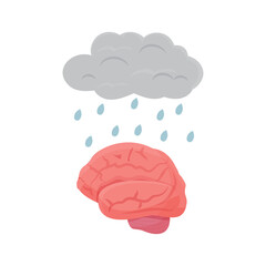 Metaphor cloud with rain drops and human brain organ isolated on white background. Stress, worry, trouble and mental health concept. Psychology symptoms symbol.