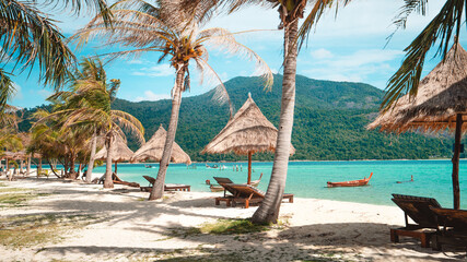 palms and sun beds with sea view. Tropical beach landscape as summer vacation and holiday resort