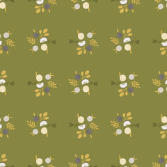 Cartoon seamless pattern with decorative apple shapes and foliage ornament. Green olive background.