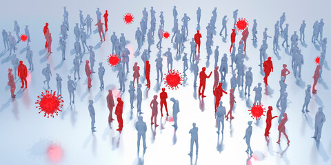 群衆とウイルスの3Dレンダリンググラフィックス / 社会活動とウイルスの市中感染・感染拡大のコンセプトイメージ