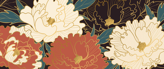 Naklejki  Luksusowy złoty kwiatowy styl orientalny tło wektor. Tapeta kwiatowa z kwiatem piwonii, japońska, chińska orientalna grafika liniowa ze złotą fakturą. Ilustracja wektorowa.