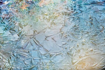 .Close-up pieces of ice texture on the forest in winter time at Bucharest..
