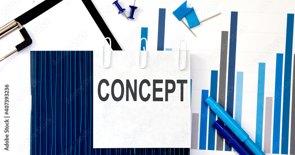 Poster notebook with toolls and notes about concept on sticker ,concept