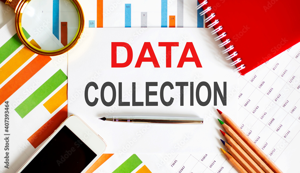 Poster text data collection on notepad with office tools, pen on financial report