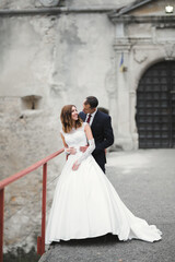 Romantic wedding moment, couple of newlyweds smiling portrait, bride and groom hugging