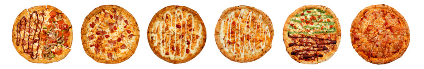 Set of ruddy juicy fresh pizzas isolated on white background