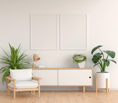 Sideboard In Blue Living Room With Frame Mockup, 3D Rendering