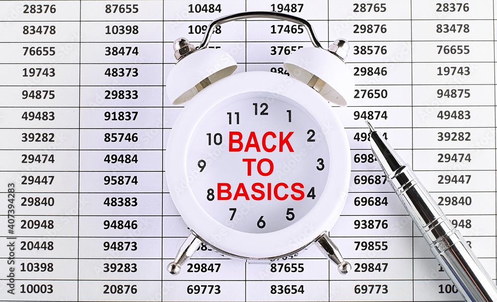 Poster business concept. text back to basic on alarm clock on chart background