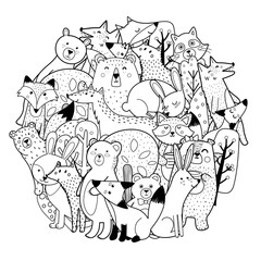 Circle shape coloring page with funny forest characters. Cute woodland animals black and white print. Template for coloring book. Vector illustration - 407394441