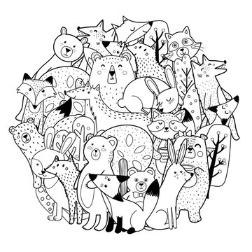 Circle shape coloring page with funny forest characters. Cute woodland animals black and white print. Template for coloring book. Vector illustration