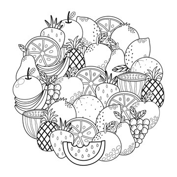 Circle shape coloring page with fruits. Black and white outline background with strawberry, watermelon, apple, grape, pineapple and more. Template for relax coloring book. Vector illustration