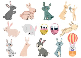 Cute rabbits clipart set. Funny bunny graphic collection for kids. Forest animals isolated elements. Vector illustration