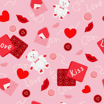 Fototapeta love on a seamless pattern. Seamless pattern for Valentine's Day. On a pink background, vector images of hearts, teddy bears, envelopes, candies, lips, love and kiss inscriptions.