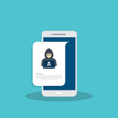 Hacker, malware notification on mobile phone. Smartphone with hacker alert, spam data on cellphone fraud error message, scam, virus. Flat vector illustration.