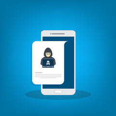 Hacker, malware notification on mobile phone. Smartphone with hacker alert, spam data on cellphone fraud error message, scam, virus. Flat vector illustration.
