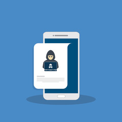 Hacker, malware notification on mobile phone. Smartphone with hacker alert, spam data on cellphone fraud error message, scam, virus. Flat vector illustration.