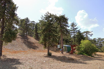 Ski lifts summer. Cable-car gondola station in summer. Troodos Mountains in Cyprus