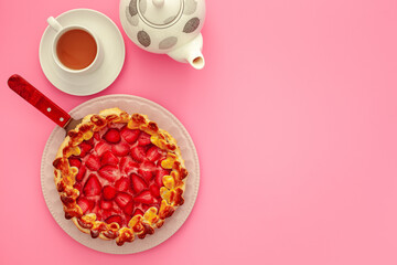 Valentine's day breakfast with strawberry gift pie and tea