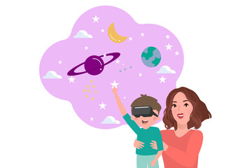 Woman and kid looking to VR technology for an escape. Concept people using VR headsets at home. Happy family day. Boy play game at home. Measure safety from corona virus. Flat Sign and symbol. Vector