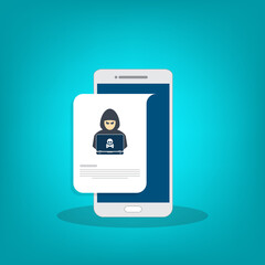 Hacker, malware notification on mobile phone. Smartphone with hacker alert, spam data on cellphone fraud error message, scam, virus. 
