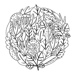 Circle shape coloring page with doodle leaves. Black and white floral print for coloring book. Nature outline background. Vector illustration