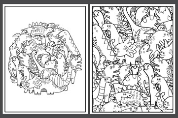 Obraz premium Coloring pages set with cute dinosaurs. Doodle dino animals templates for coloring book. Collection with black and white colouring pages for adults and kids. Vector illustration