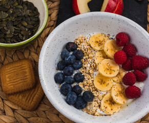 Complete meal of a healthy breakfast with all kind of healthy food