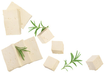 tofu cheese isolated on white background with clipping path and full depth of field, Top view with copy space for your text. Flat lay - obrazy, fototapety, plakaty
