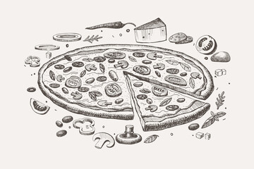 Hand-drawn whole pizza with a cut piece. Delicious cheese filling with tomatoes, olives, and mushrooms. Design element for posters, packaging for cafes, restaurants. Vector illustration.