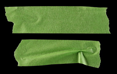 Green and blue adhesive paper tape strips isolated on black background, top view set and collection