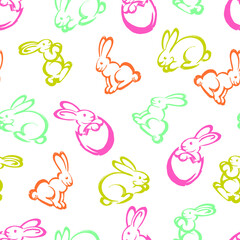 Vector easter seamless pattern : cute multicolor rabbits and parts of eggs. Nice spring childish design for textile , wrapping paper, notebook cover.