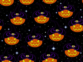 Beautiful Happy Halloween vector seamless  pattern with hand drawn pumpkins in hats and shining stars