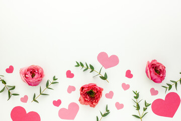 Valentines day composition: pink gift boxes with ribbon, heart and rose