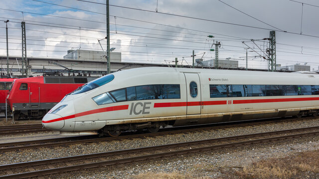 Munich, Bavaria / Germany - Mar 7, 2020: 16:9 panorama of an ICE (Intercity Express) train called Schwerte
