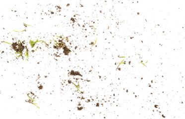 Dirt and moss bits isolated on white background and texture, with clipping path, organic plant and soil texture