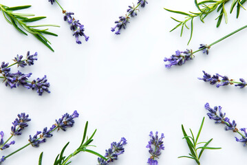Fresh flowers of lavender bouquet, top view on white background