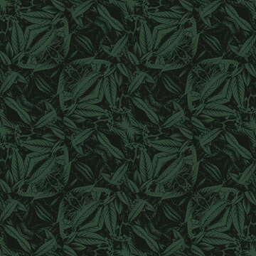 Seamless pattern with dark green foliage. Floral traditional geometric ornament. © Jumpingsack