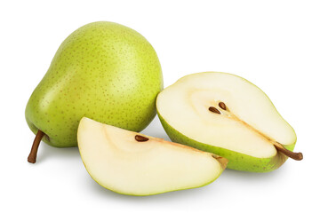Green pear fruit with slices isolated on white background with clipping path and full depth of field