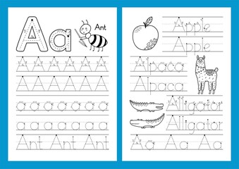 Letter A educational worksheets set. Trace the alphabet activity page. Printable black and white template in A4 format for children’s workbook. Vector illustration 