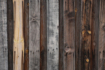 Wood texture wallpaper background, vintage darkened fence. Gray and brown boards with rusty nails.
