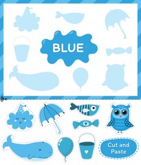 Blue color. Cut the elements and match them with the right shadows. Learning color blue educational game for kids. Cut and paste activity for toddlers. Vector illustration