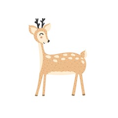 Cute deer in cartoon style. Forest character isolated element. Reindeer funny print for kids design. Vector illustration