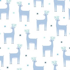 Cute reindeer seamless pattern. North Pole character background. Deer and snow. Vector illustration