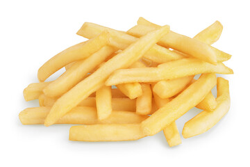 French fries or fried potatoes isolated on white background with clipping path and full depth of field